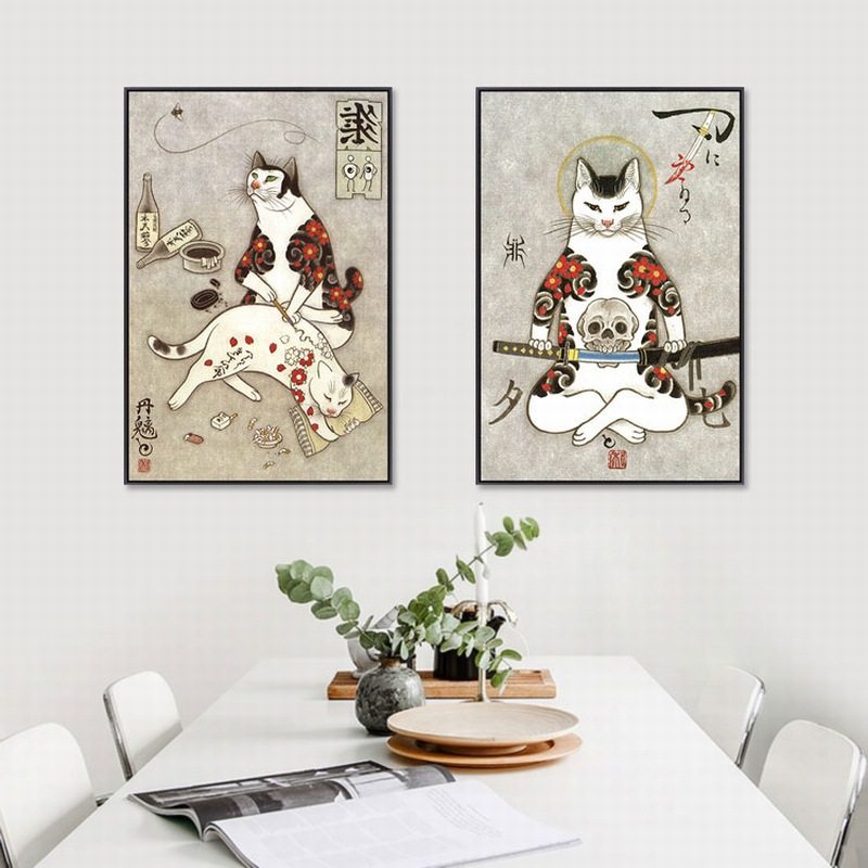 武士猫日式风格日本纹身刺青火锅店日料店餐厅和风壁挂过道装饰画