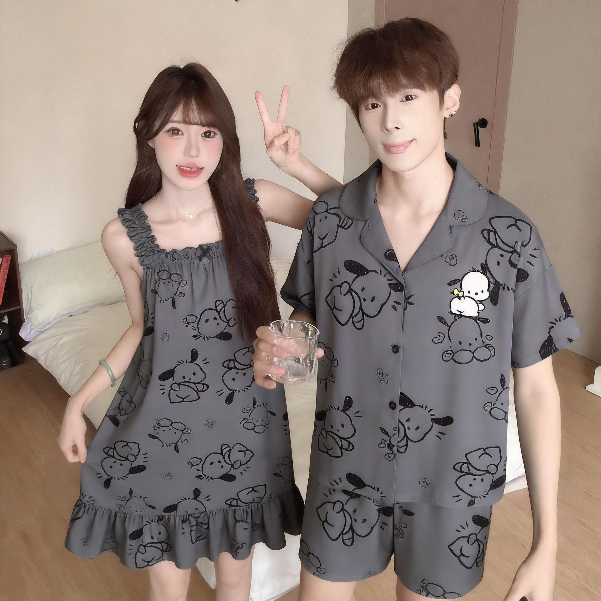 一男一女吊带睡裙女带胸垫夏季卡通情侣睡衣凉感短袖男家居服套装