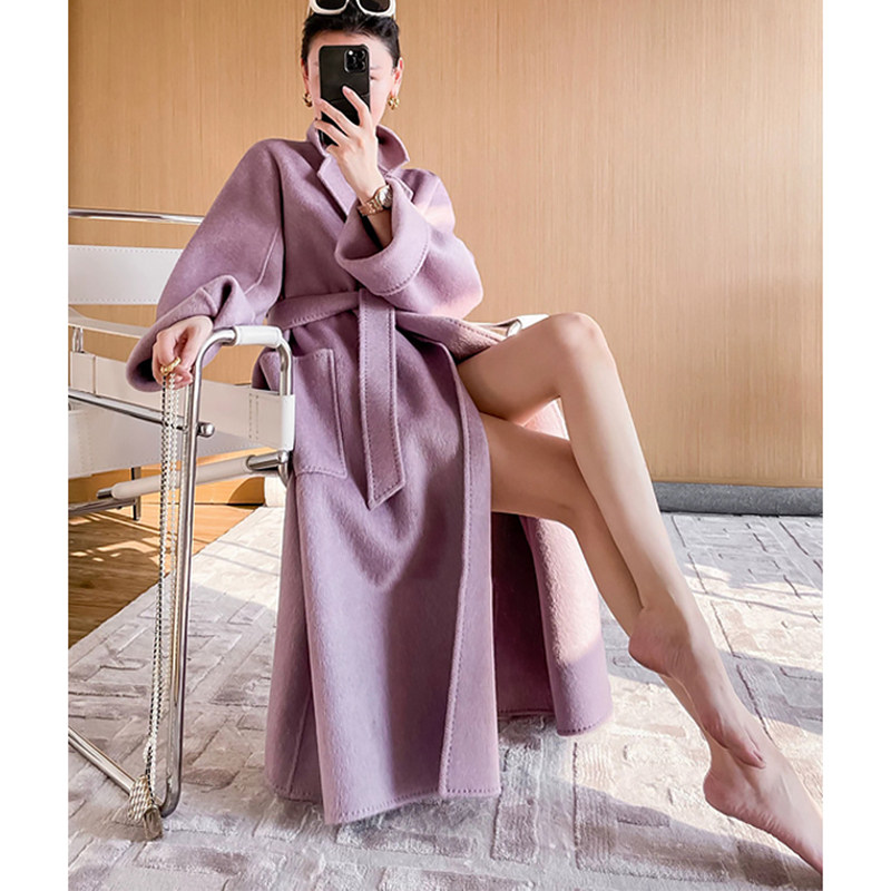 秋冬新款桑蚕丝兔绒双面羊绒大衣加长款浴袍款羊毛外套