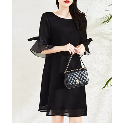 欧根纱喇叭袖阔摆裙人丝网眼A摆连衣裙韩版瘦宽松中长裙