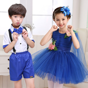 幼儿童表演服男童演出服男孩女孩主持人合唱服小学生背带裤蓝绿色