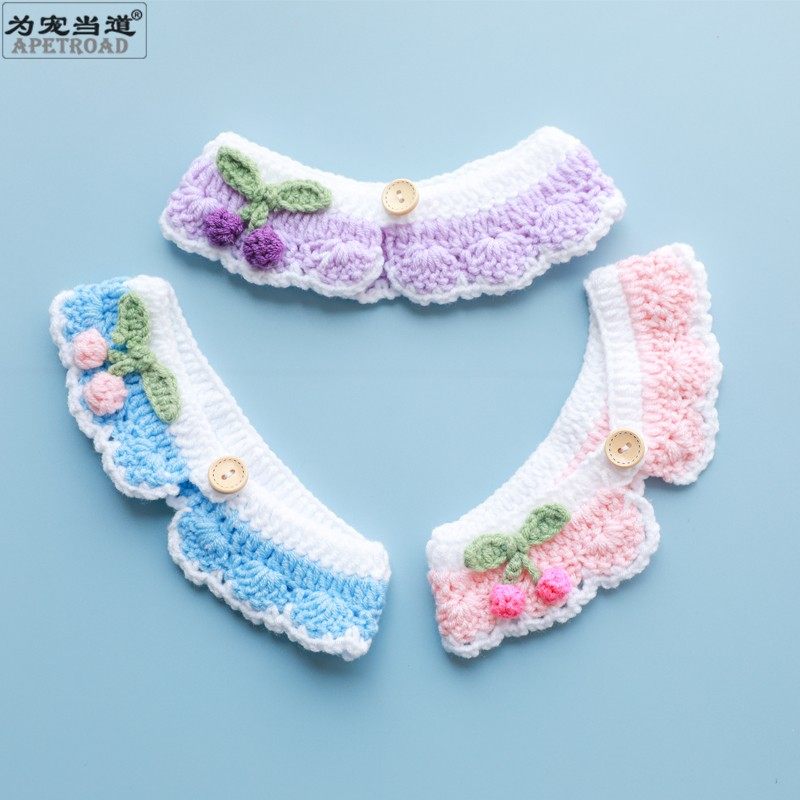 猫咪项圈手工diy毛线针织小樱桃围脖可爱蓝猫英短狗狗泰迪领结