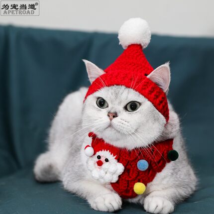 新年小红帽纯手工宠物服装猫咪帽子圣诞帽头套圣诞老人围嘴口水巾