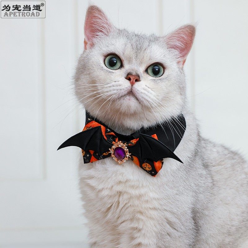 为宠当道猫咪万圣节宠物领结口水巾毛线幽灵南瓜项圈围脖小恶魔