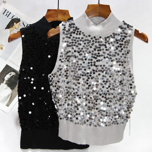 捡漏工厂尾货 针织背心女洋气百搭打底上衣 高级感亮片半高领无袖