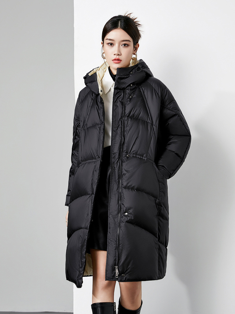 黑色羽绒服2025冬季新款女宽松连帽90白鸭绒中长款加厚羽绒服外套