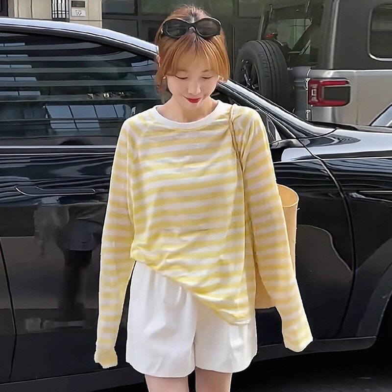 欧洲站高端薄款夏季2026新款女装高级感长袖穿搭上衣条纹防晒t恤
