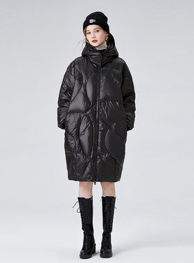 洋气中长款羽绒服2026冬季黑色亮面加厚白鸭绒大码宽松连帽女上衣