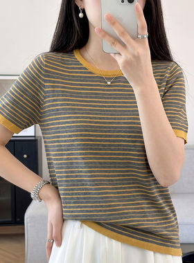夏季女100%棉T恤上衣气质细条纹夹色圆领针织衫短袖打底