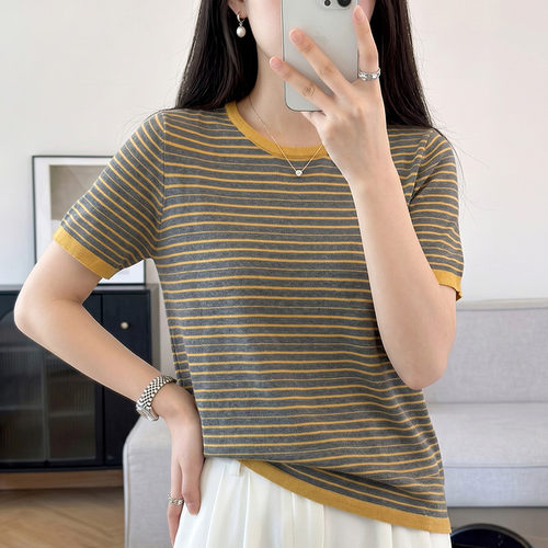 夏季女100%棉T恤上衣气质细条纹夹色圆领针织衫短袖打底
