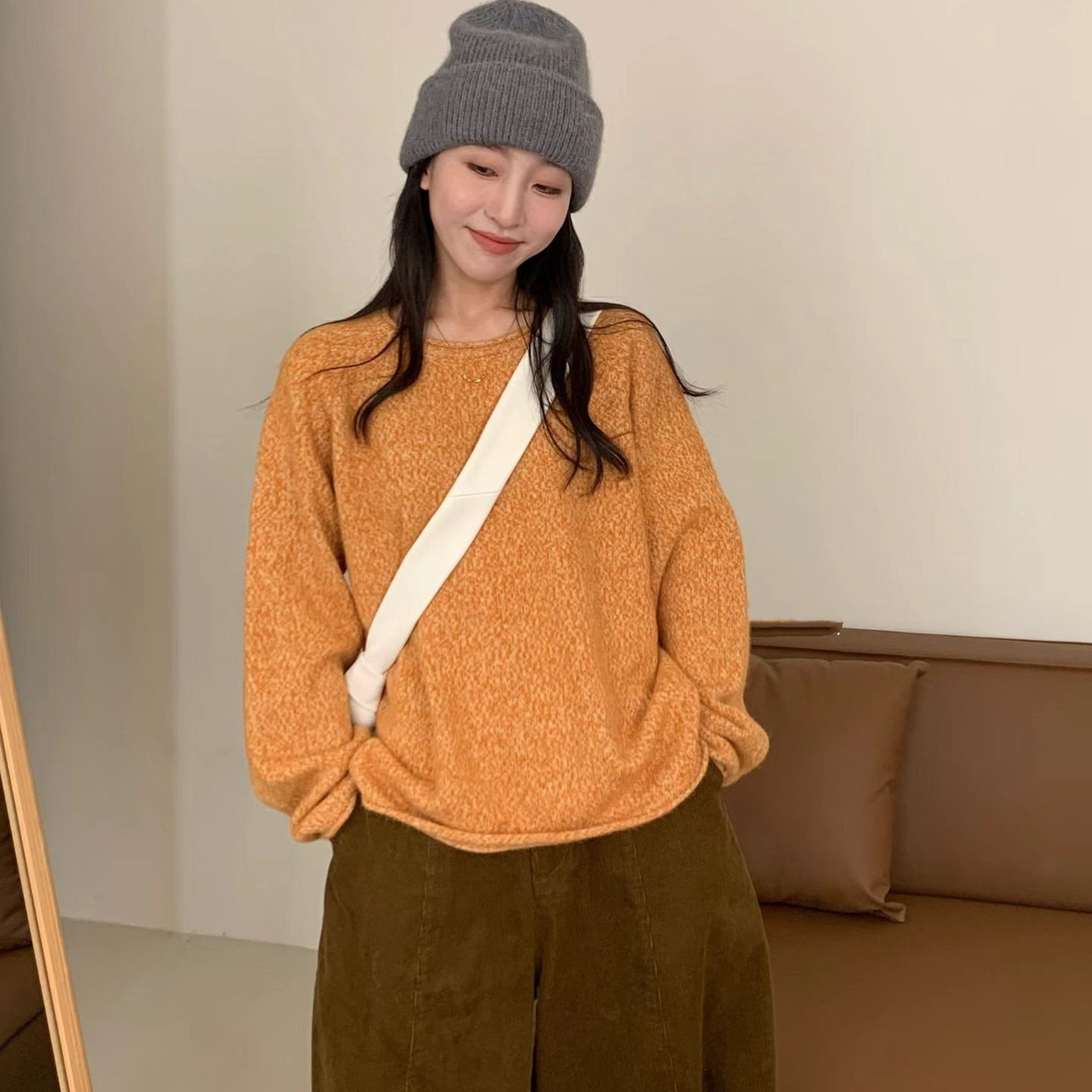 夹色高级感宽松毛衣外套女加厚柔软圆领针织衫卷边设计上衣