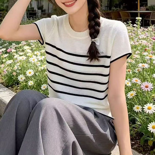 夏季女轻薄透气圆领短袖撞色黑白横条纹冰丝针织杉T恤