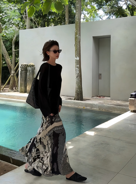 【盛朗熙Ares Mines】歌剧魅影 慵懒奢感复古印花A字高腰半身裙