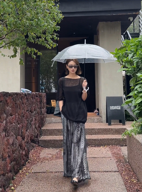 【盛朗熙AresMines】苍澜绣影 幽岚雾感复古印花高腰休闲阔腿长裤