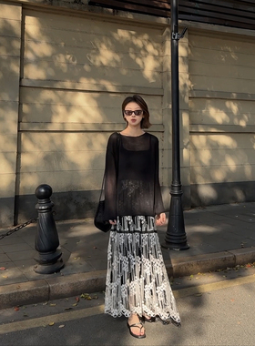 【盛朗熙Ares Mines】雾里寻花 法式优雅立体提花蕾丝A字大摆长裙