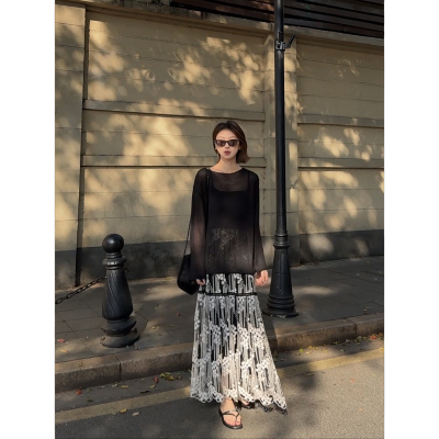 【盛朗熙Ares Mines】雾里寻花 法式优雅立体提花蕾丝A字大摆长裙