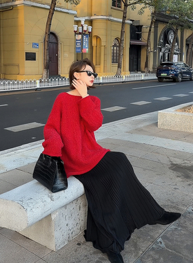 【盛朗熙AresMines】奶芙草莓 肌理感宽松套头一字圆领针织毛衣女