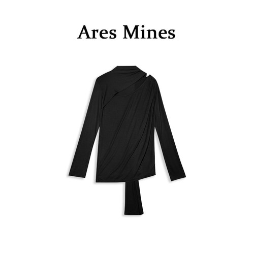 【盛朗熙AresMines】颈间丝涧 优雅高智感飘带荡领黑色修身上衣女