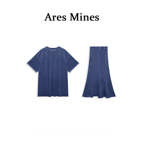 【盛朗熙Ares Mines】牛仔计划 摩登复古牛仔蓝圆领T恤半身裙套装