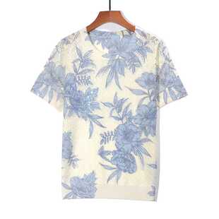 天丝亚麻薄衫 夏季 上衣古嘉子短袖 2026新款 针织印花钻镂空6089 女装