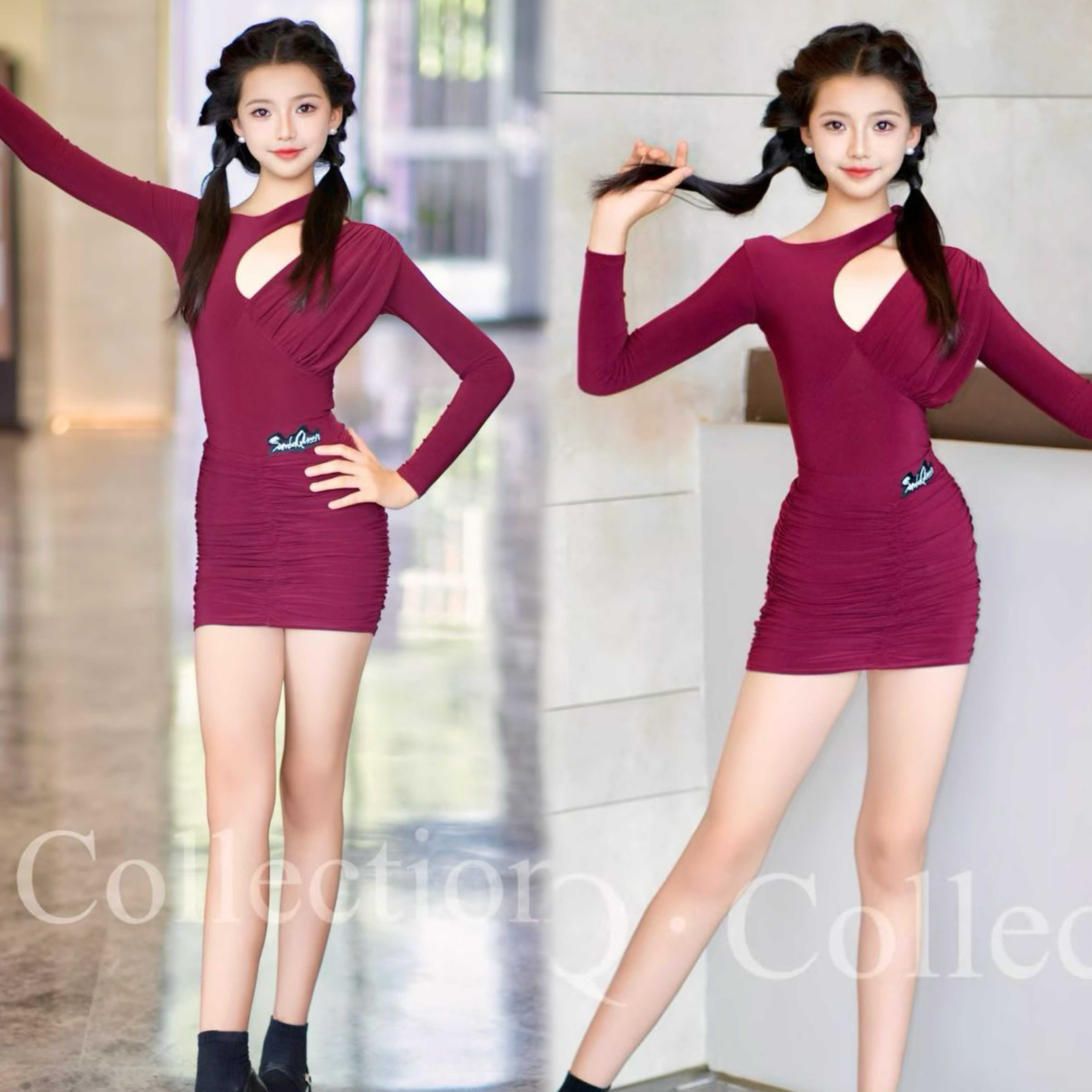 SQ舞服拉丁舞新款女儿童练功服长袖褶皱上衣包臀裙分体训练服套装