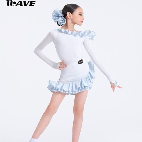 WAVE未午拉丁舞服新款女童练功服长袖荷叶边包臀裙训练套装表演服