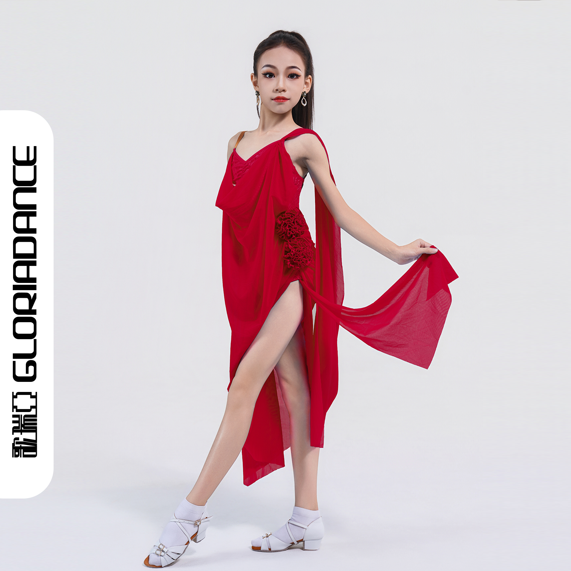 歌瑞亚拉丁舞服新款女童练功服吊带网纱花朵连体裙专业艺考表演服