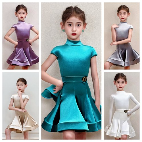 CD卡门拉丁舞服新款女童比赛规定服丝绒包肩袖分体国标考级演出服