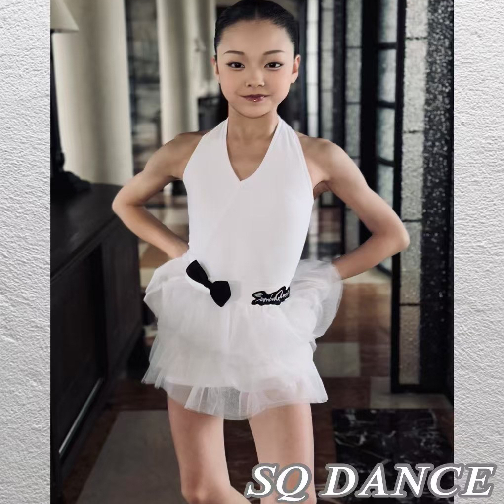 SQ拉丁舞服新款少儿练功服挂脖露背纱裙日常训练服表演服白色舞裙