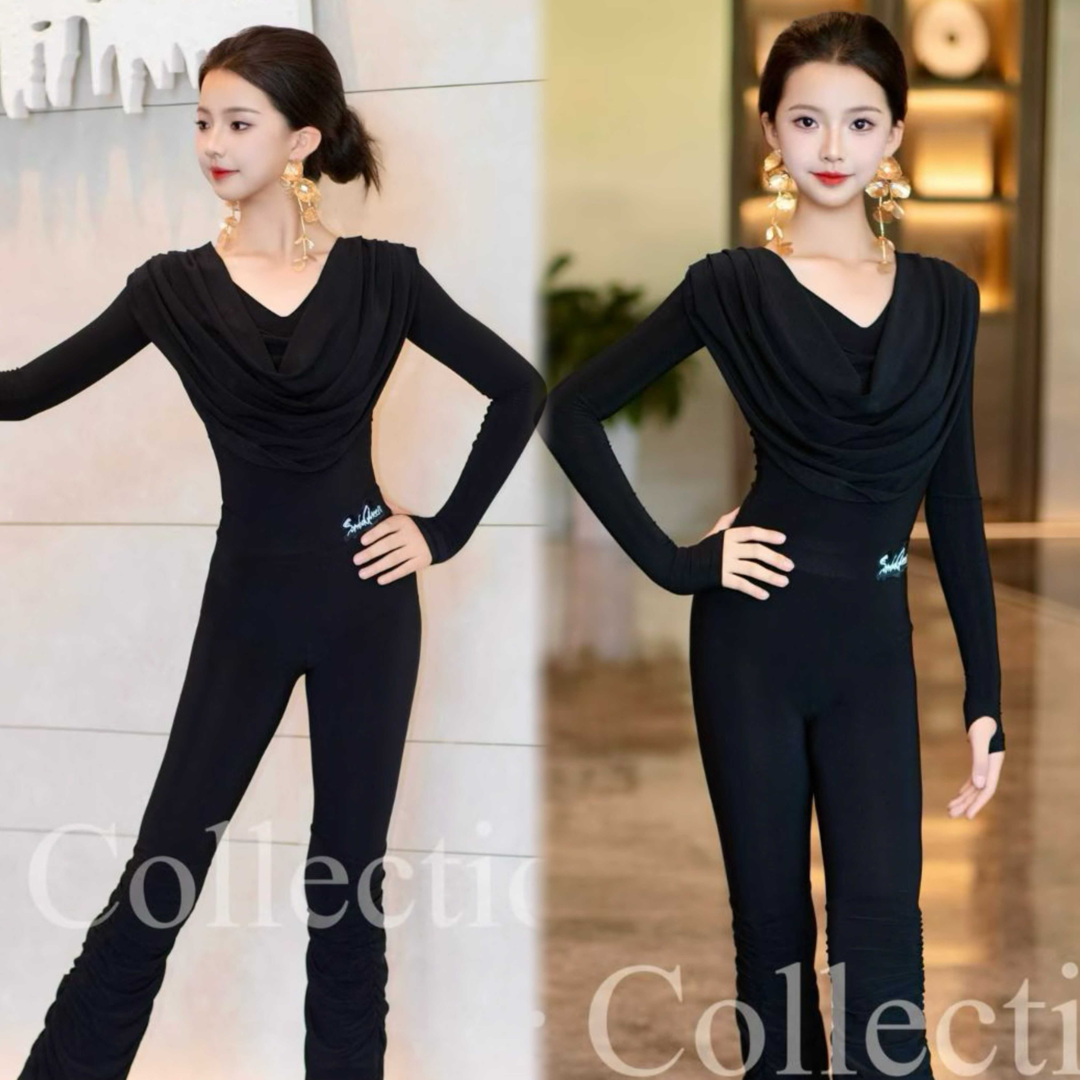 SQ舞服拉丁舞秋冬新款女童练功服荡领长袖上衣裤子百搭训练服套装