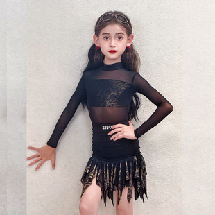卓艺拉丁舞服新款冬装女童练功服黑色网纱豹纹拼接流苏裙训练套装