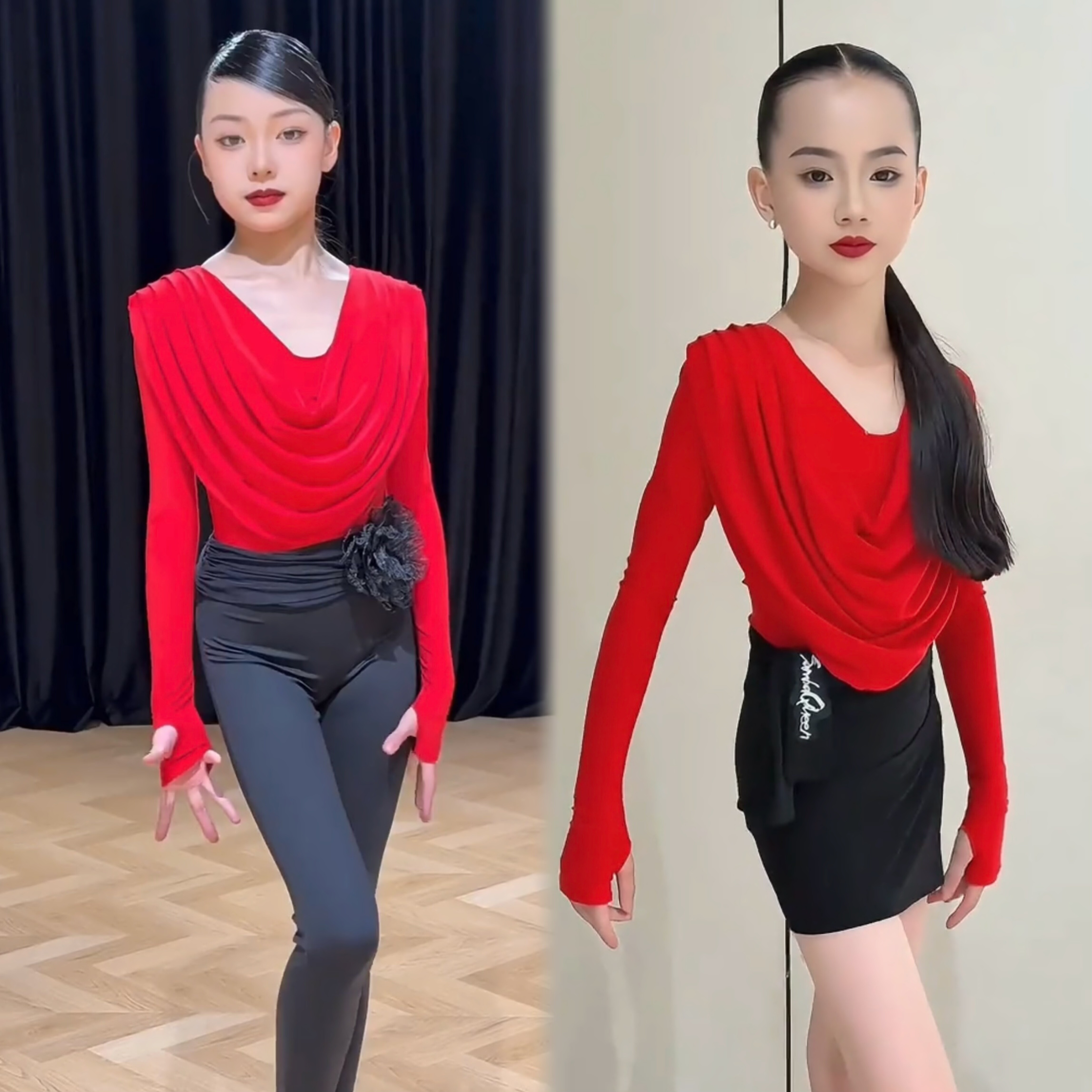 SQ舞服拉丁舞秋冬女童练功服多层荡领红色长袖上衣围裙训练服套装