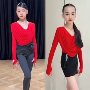 SQ舞服拉丁舞秋冬女童练功服多层荡领红色长袖上衣围裙训练服套装
