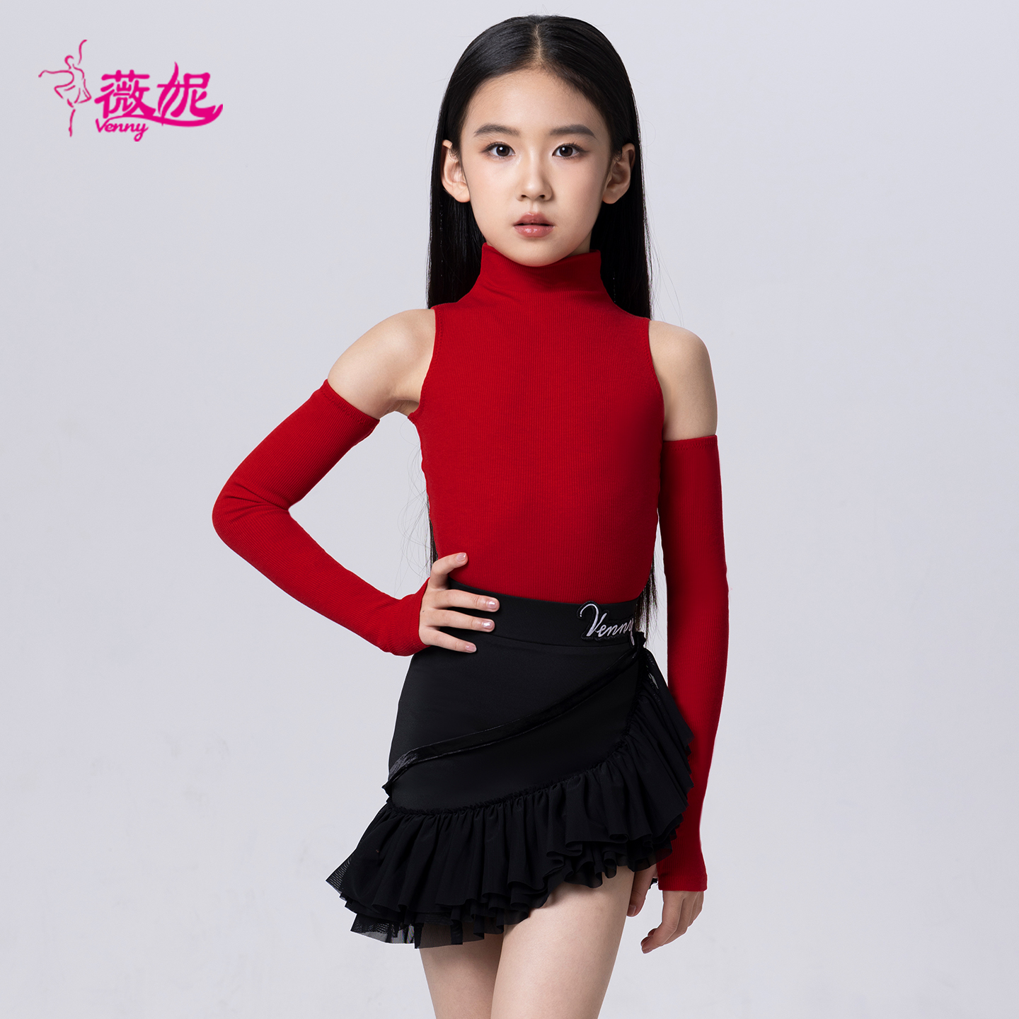 Venny薇妮拉丁舞服新款女儿童练功服高领袖套训练服套装国标考级