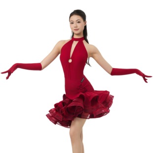 Breedesign舞服拉丁舞成人表演服红玫瑰重工挂脖上衣大裙摆鱼骨裙