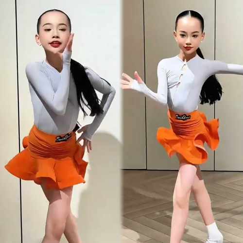 SQ拉丁舞服秋冬新款女童练功服长袖拼色鱼骨裙训练服套装表演班服