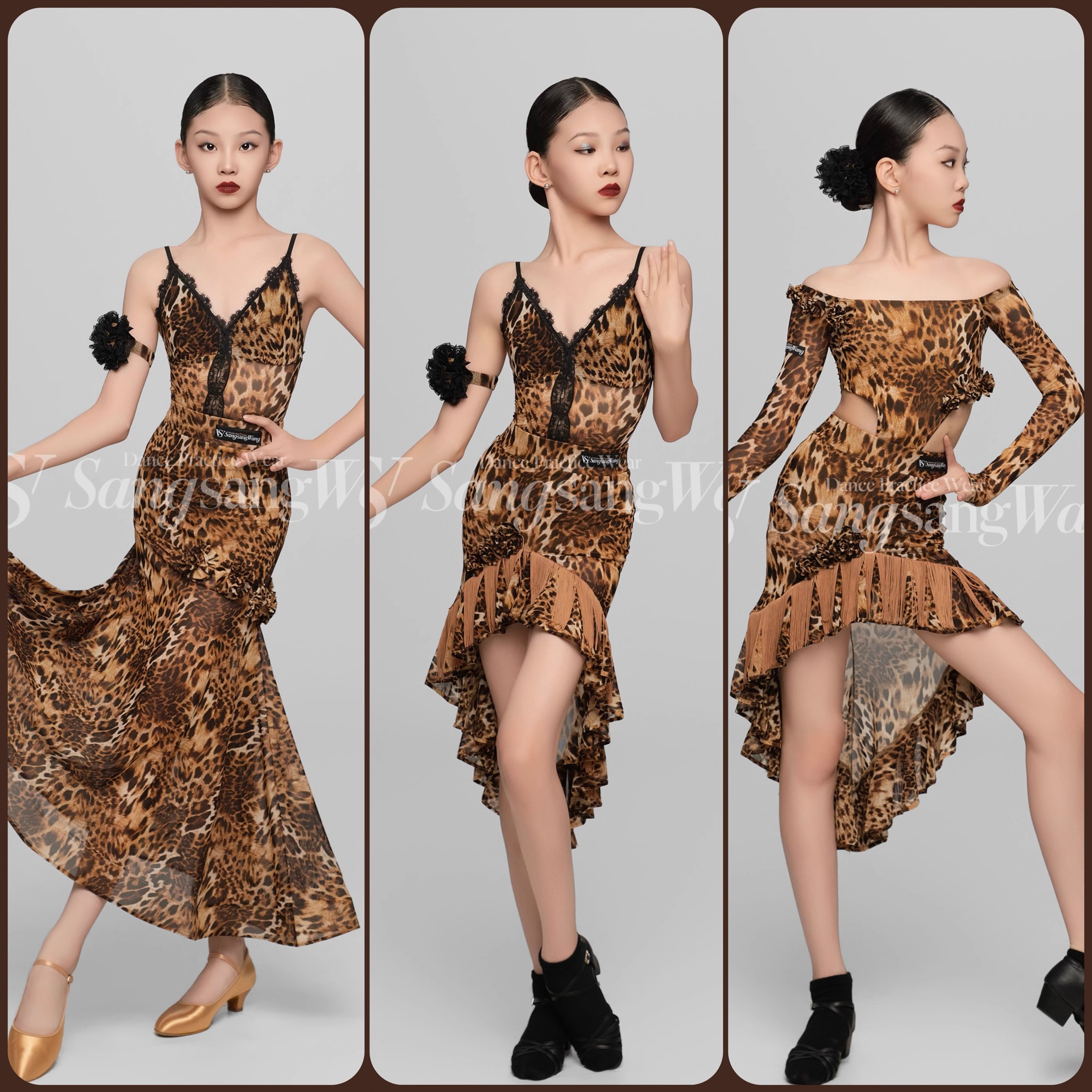 sswang舞服正品新款豹纹吊带练功服女少儿成人拉丁摩登舞裙套装夏