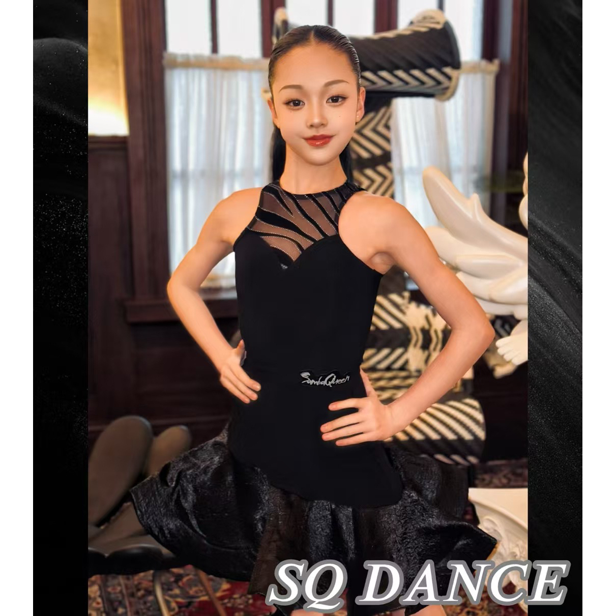 SQ拉丁舞服2025新款无袖大裙摆鱼骨练功服女童演出舞裙少儿训练服