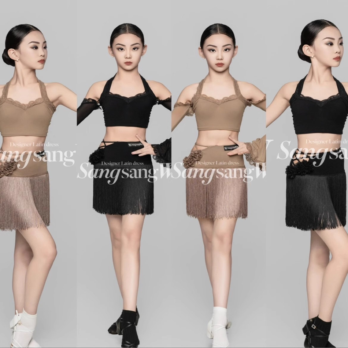 sswang拉丁舞服正品少儿摩登舞裙挂脖蕾丝可拆卸喇叭袖流苏练习服