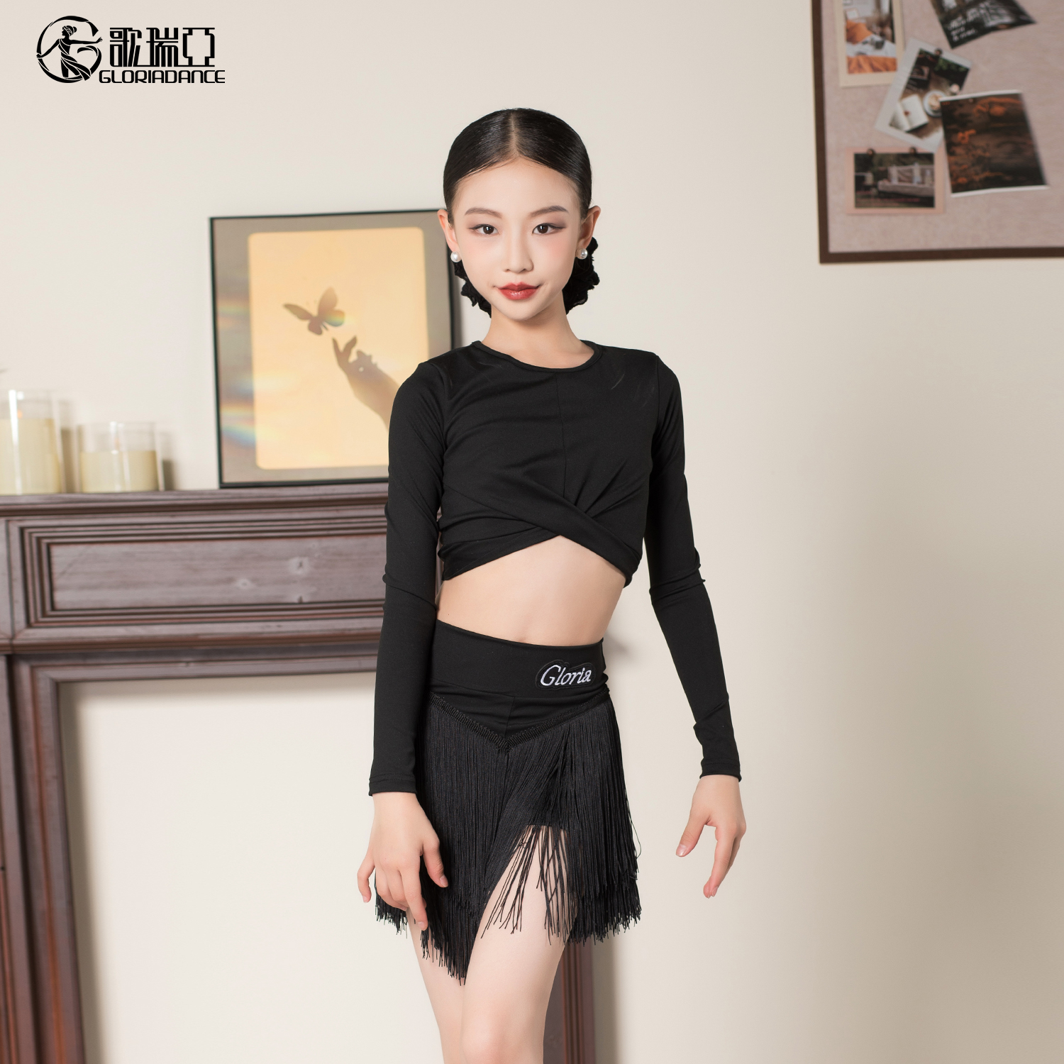 歌瑞亚舞服拉丁舞秋冬女童练功服长袖上衣流苏半裙套装训练演出服