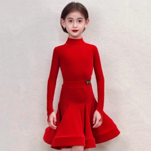 【正品】TOP拉丁舞服女童比赛规定服专业云感丝绒中国红长袖赛服