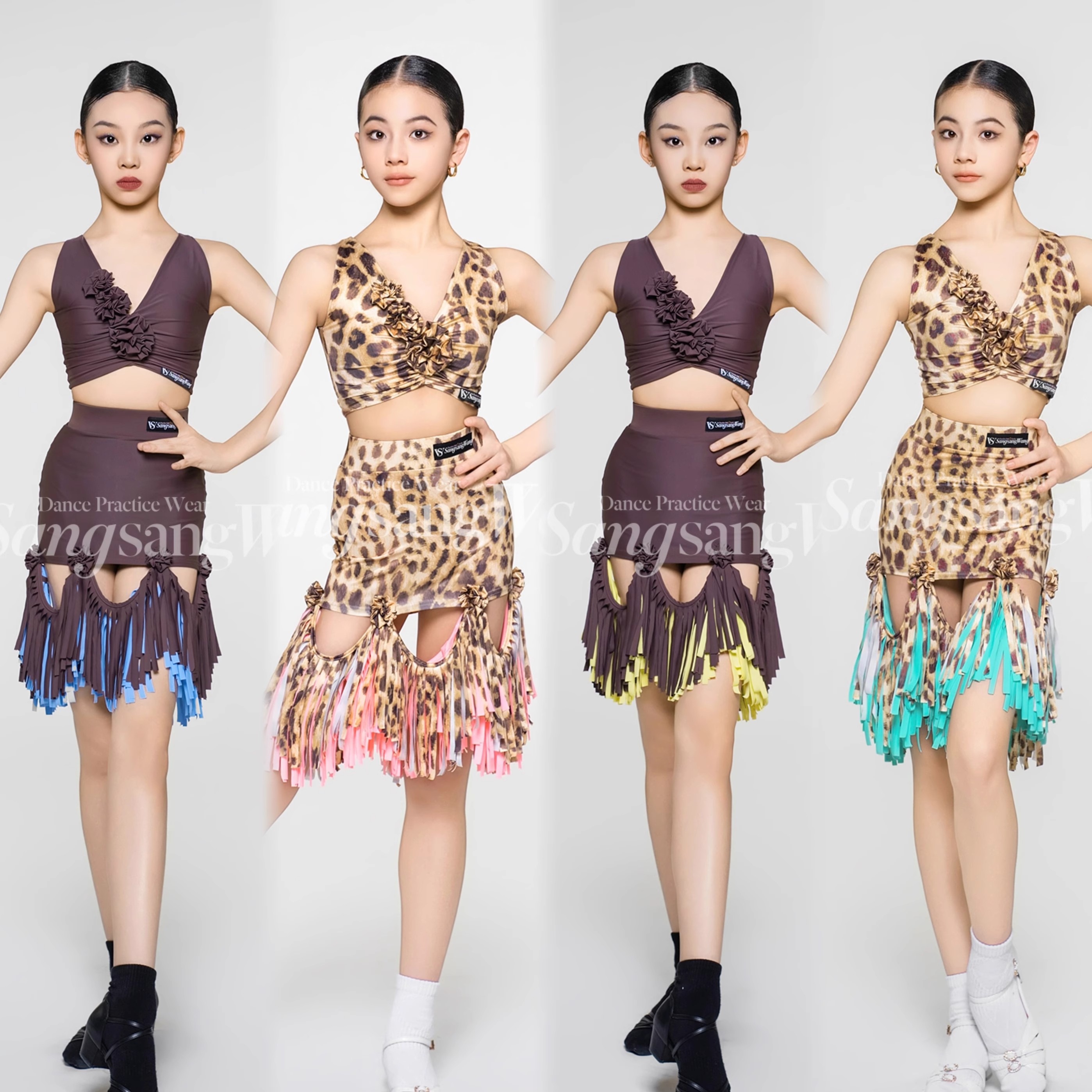 sswang拉丁舞服女童短款上衣可换色流苏豹纹夏季日常练功服少儿