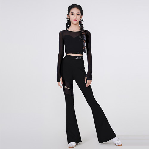 歌瑞亚拉丁舞服女儿童练功服长袖网纱上衣喇叭裤日常训练套装表演