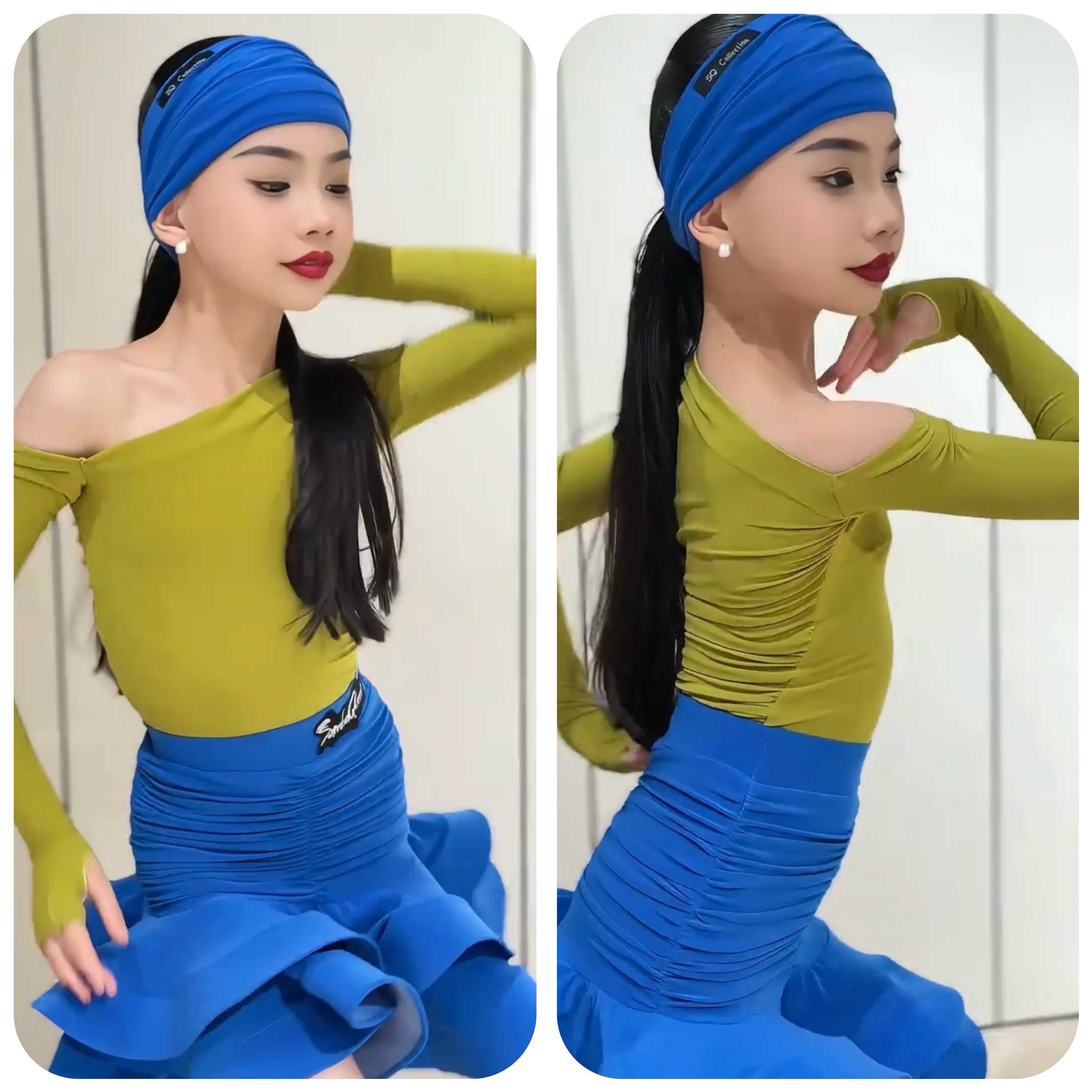 SQ舞服拉丁舞女童新款练功服露肩长袖上衣发带拼色鱼骨裙训练套装