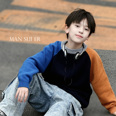 【100羊毛橘子】儿童纯羊毛衫男女童加厚毛衣拼色秋冬羊绒打底衫