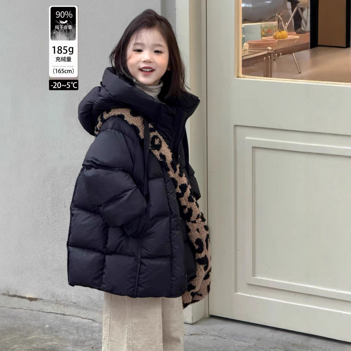 韩国童装25儿童羽绒服女童加厚保暖90白鸭绒连帽花苞帽中长款外套
