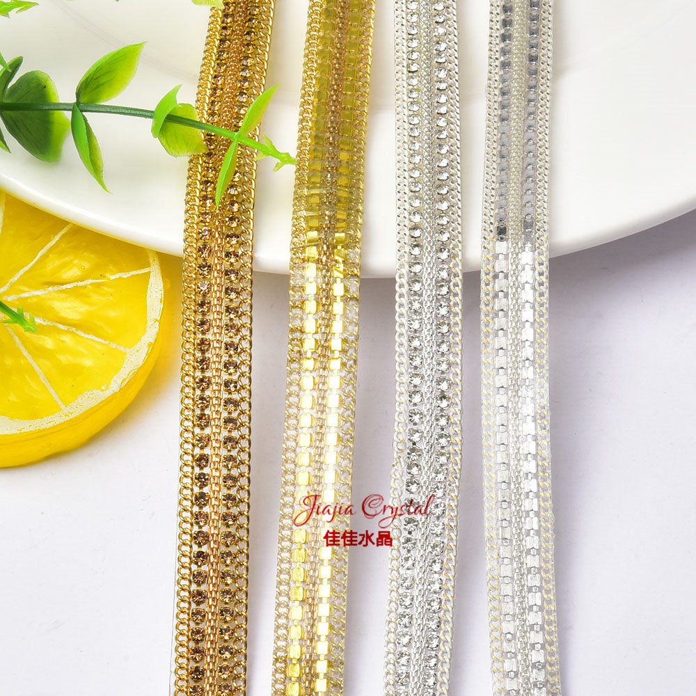 直销 1厘米宽金色银色爪钻链胶条DIY服装腰带发饰鞋饰服装材料配