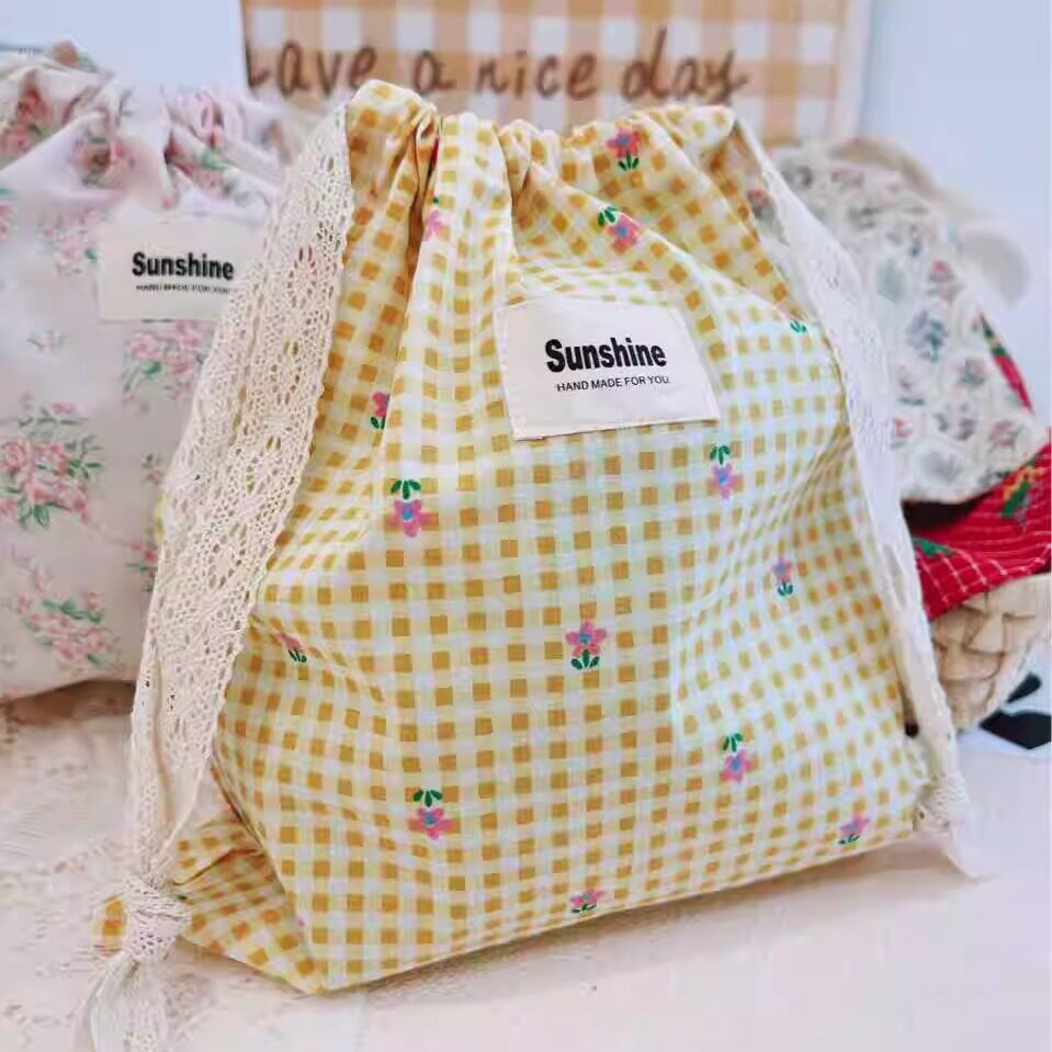 韩国小碎花收纳袋纯棉韩风化妆包棉布防尘分类整理抽绳束口袋