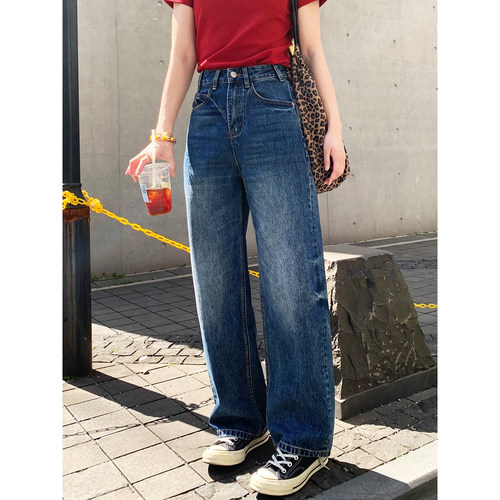 老米家复古廓形小弯刀宽松显瘦长裤子无弹深蓝色高腰直筒牛仔裤女