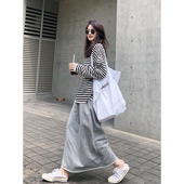 老米家 松紧高腰a字卫衣裙子灰色休闲半身裙女春夏秋新款 显瘦长裙